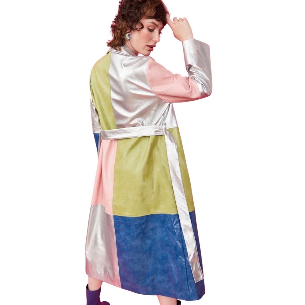 JAYLEY x FREE PEOPLE Colorblock Metallic Trench Coat Silver Pink Green Blue OS